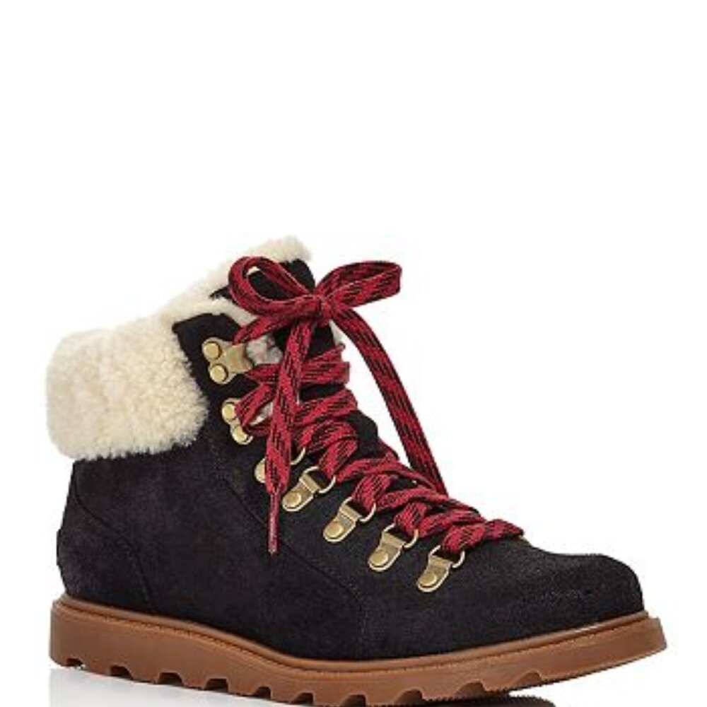 Sorel Ainsley Conquest Suede Boots in black suede w/sheepskin cuff